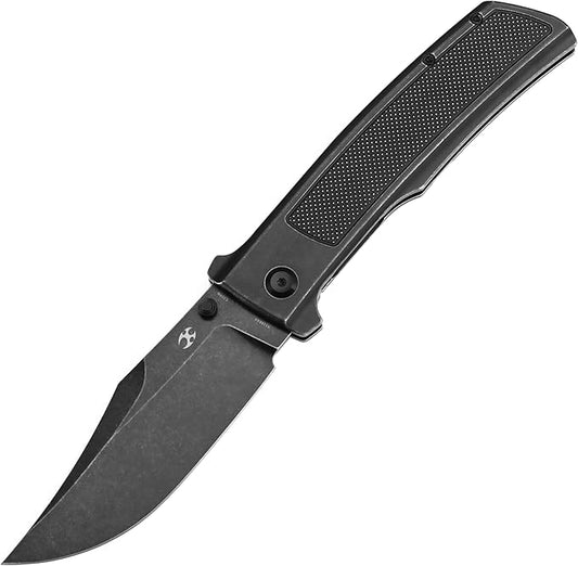 KANSEPT Bison Pocket Folding Knife, 4.25'' Blackwash CPM S35VN Steel Sharp Blade, Black Titanium with Frag Pattern Handle, Frame Lock and Thumb Stud for Edc, Camping Hiking Knives K1108A4