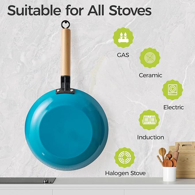 YUTANN 8" Enameled Non-Stick Cast Iron Skillet, Egg Frying Pan with Removable Wooden Handle, PFAS/PFOA Free, Dishwasher & Oven Safe (500°F)