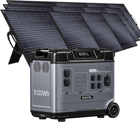 OUKITEL P5000 Pro 5120Wh Portable power station with 3x200W Solar Panel, LiFePO4 Solar Generator, 3600W AC Output & 1800W Fast Charge for Home Backup, Outdoor Camping, RV Travel with APP Control