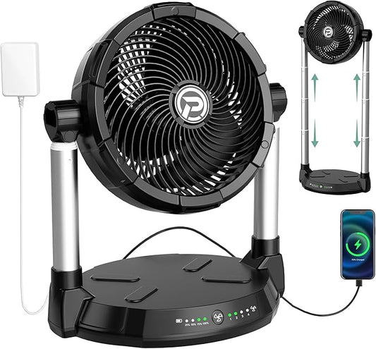 KITWLEMEN 40000mAh Battery Operated Fan - 12" Rechargeable Floor Fan, 4 Speeds, 65Hrs Cooling, 34.6" Height Adjustable, 12V Output Cordless Fan, Portable for Camping, Travel, Hurricane, Power Outage
