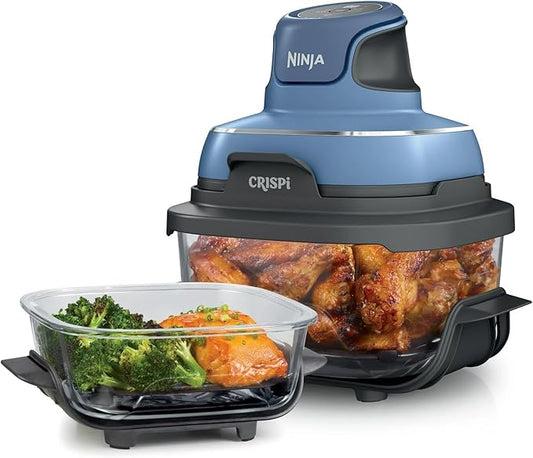 Ninja FN100ND Crispi Air Fryer, Microwave, Freezer & Dishwasher Safe, Non Toxic Glass Portable Cooking System, 4 QT & 5 Cup Glass Containers with Storage Lids, Easy Meals, Blue (Renewed)