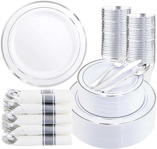 350Piece Silver Plastic Dinnerware Set for 50 Guests - Silver Plastic Plates with Cutlery Include:50Dinner Plates-50Dessert Plates-50Pre Rolled Napkins with Silverware
