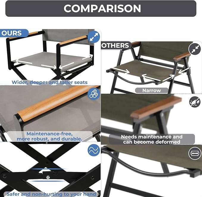 Grand patio Extra-Wide 6-Pack Directors Chairs, Folding Dining Chair Set of 6 with Sling, Woodgrain Armrests, Outdoor, Gray