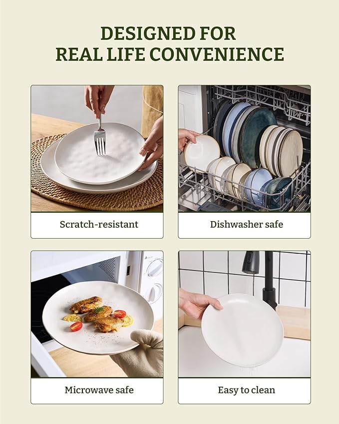 Famiware Dinnerware Sets for 8, Ocean Round 24-Piece Kitchen Plates and Bowls Sets, Microwave and Dishwasher Safe, Scratch Resistant, Matte White