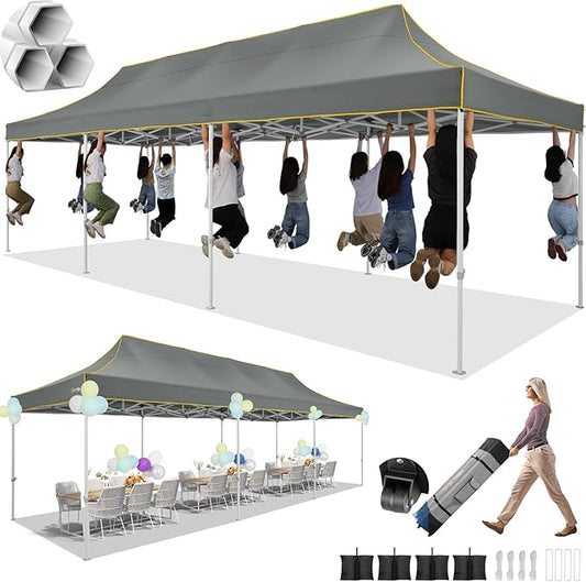 HOTEEL 10x30 Pop up Canopy Tent for Parties, Heavy Duty Easy Setup Tent Without Sidewalls, Outdoor Commercial Instant Gazebo for Wedding Event, with Portable Bag, Grey(Hexagonal Frame)