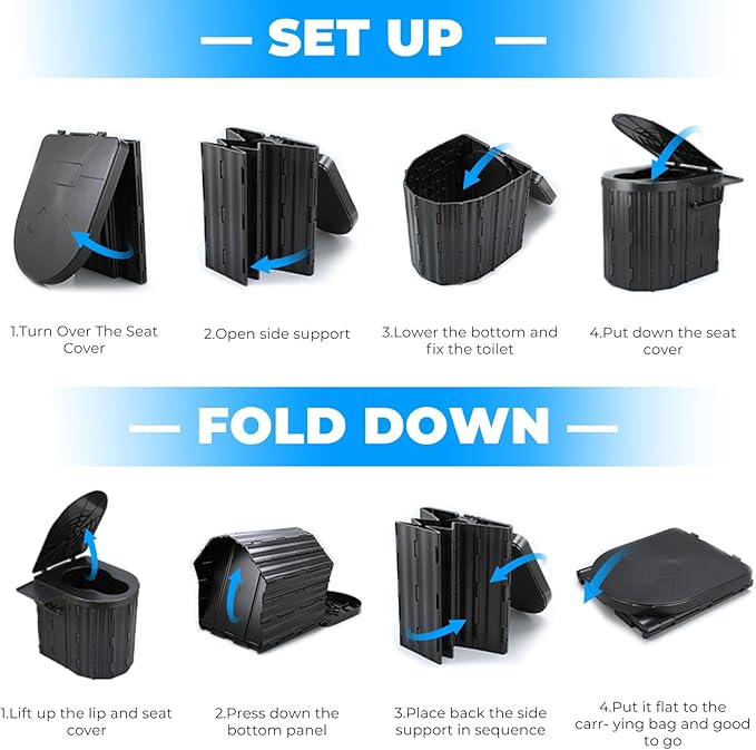 Portable Toilet for Adults, Foldable Plastic Toilet, with Lid and Paper Holder Travel Porta Potty for Adults Camping, Hiking, RV, Fishing, Beach, Road Trip, Truck, Hunting (Black)