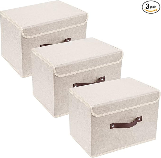 TYEERS Collapsible Storage Boxes, Washable Fabric Storage Bins with Lids, 14.9x9.8x9.8 inches, 3 Pack, Beige