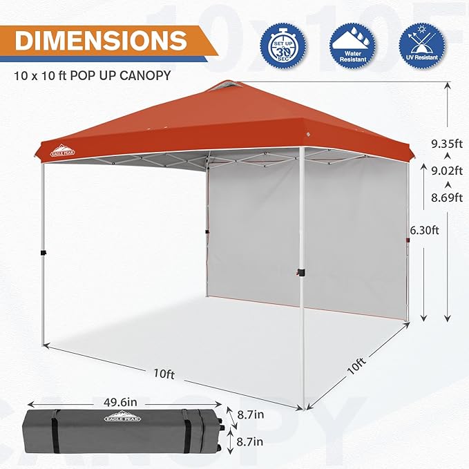 EAGLE PEAK Pop Up Canopy Tent with 1 Sidewall, Easy Setup Event Tent, Outdoor Sun Shade, Wheeled Carry Bag, Stakes and Guy Ropes, Instant Canopy 10x10, Brick Red