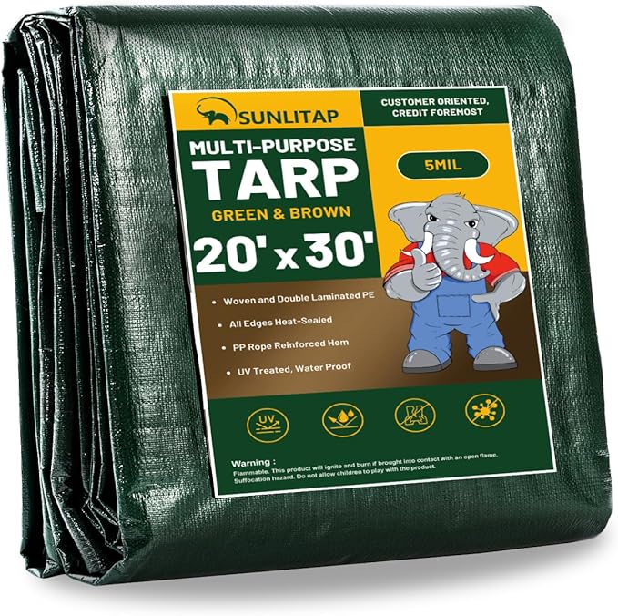 20x30Ft Tarp Cover 5 MIL Waterproof Poly Tarps, Light Duty Tarpaulin with Grommets, Reinforced Edges, Rip & Tear Proof, Multipurpose Finished Size Tarp for Cars, Boat, Roof, Camping - Green
