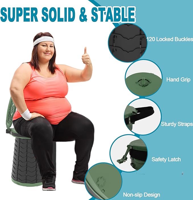 ALEVMOOM XXL Portable Toilet - 19.7" H Taller Wider Collapsible Foldable Camping Toilet with Lid, Strap, Bag - Adjustable for Camping, Hiking, Travel and Car