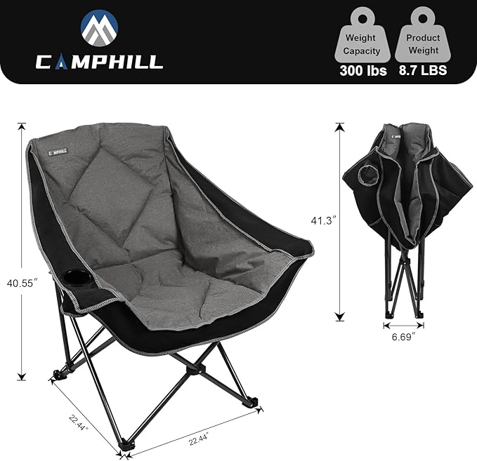 Folding Camping Chair,Oversized Portable Camping Chair with Cup Holder,Heavy Duty Padded Lawn Chair for Camping, Tailgates, Beach, and Sports