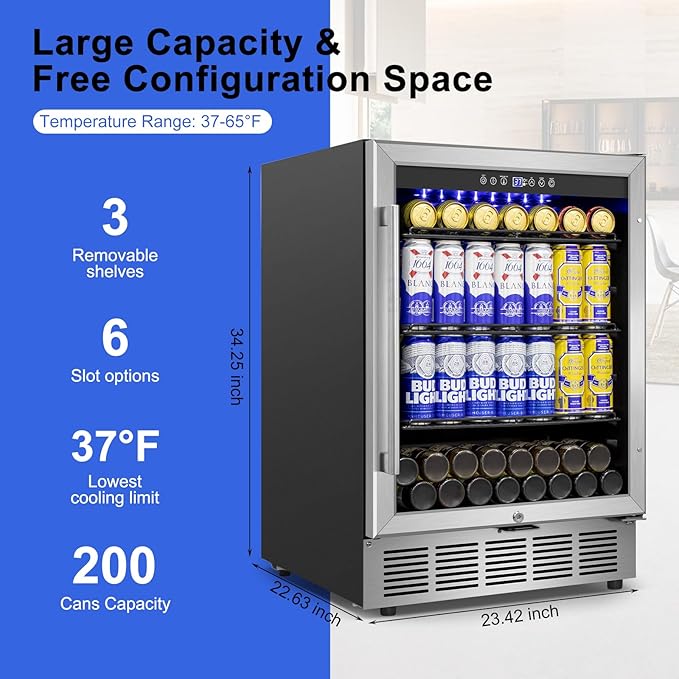 Beverage Refrigerator 24 inch-200 Can Drink Fridge with Glass Door, Under Counter/Freestanding Beverage Cooler with Temperature Memory, Reversible Door, Quick Cooling, Cooler for Beer, Soda, Wine