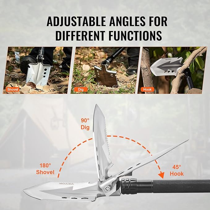 VEVOR Survival Shovel, 8 in 1 Camping Shovel Folding Multitool Kit, Portable and Compact, Stainless Steel, Multifunction for Off-Roading, Camping, Hiking, Outdoor, Survivalist and Emergency