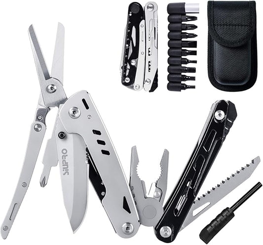Multitool Pocket Knife for Men, Tactical Multi Tool Saw, Screwdriver kit, Flint with Nylon Pouch, Detachable Large Scissors for Camping, Hunting