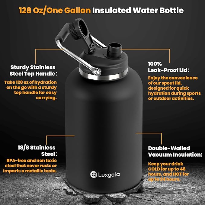 128 oz Insulated Water Bottle with Spout Lid and Handle, One Gallon Stainless Steel Double Vacuum Water Jug for Hot & Cold Drinks - Sweat Proof, Great for Travel, Hiking, Camping - Stainless