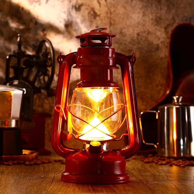 4 Pcs LED Vintage Lanterns Battery Operated Warm White Old Hurricane Lantern Antique Metal Hanging LED Lamp with Dimmer Switch for Indoor Table Outdoor Christmas Halloween(Red)