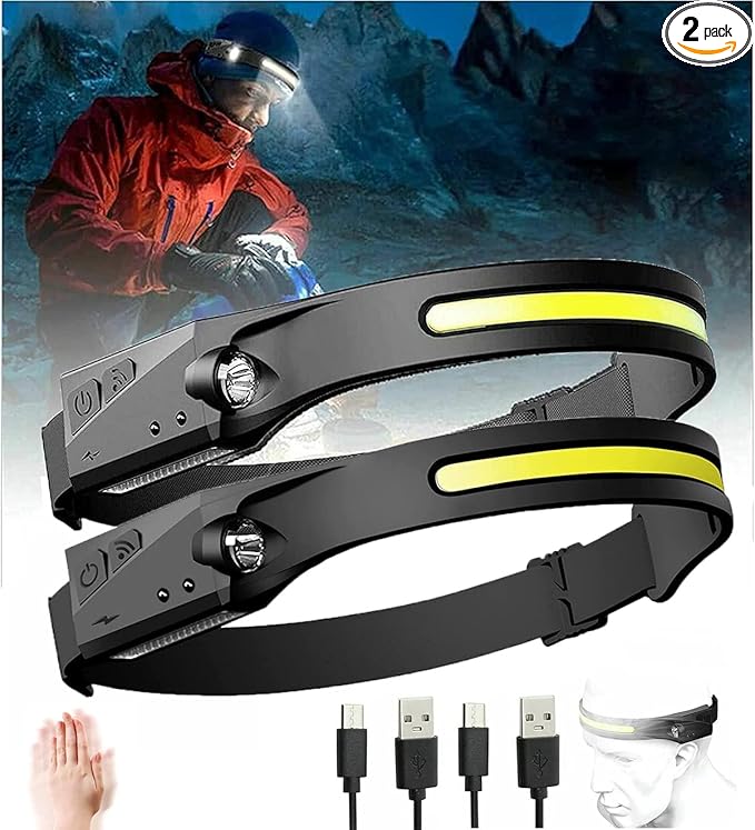 Headlamp Rechargeable 2PCS, 230° Wide Beam Head Lamps LED with Motion Sensor for Adults, Mechanic Headlamp, Weatherproof, Lightweight Head Lights Flashlight for Camping, Running