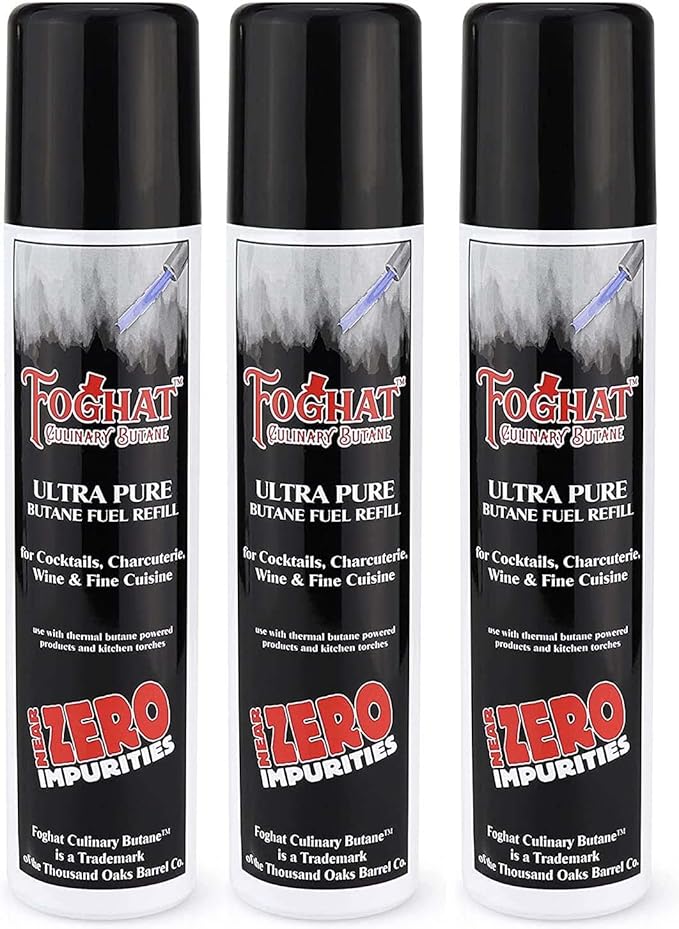 Foghat Culinary Butane Fuel Refill (3 x 60ml) - Torch Lighter Butane Refill Canister, Fits All Kitchen Smoking Torches - Food Grade Ultra Refined For Cocktail Smoker Kit, Creme Brulee Torch