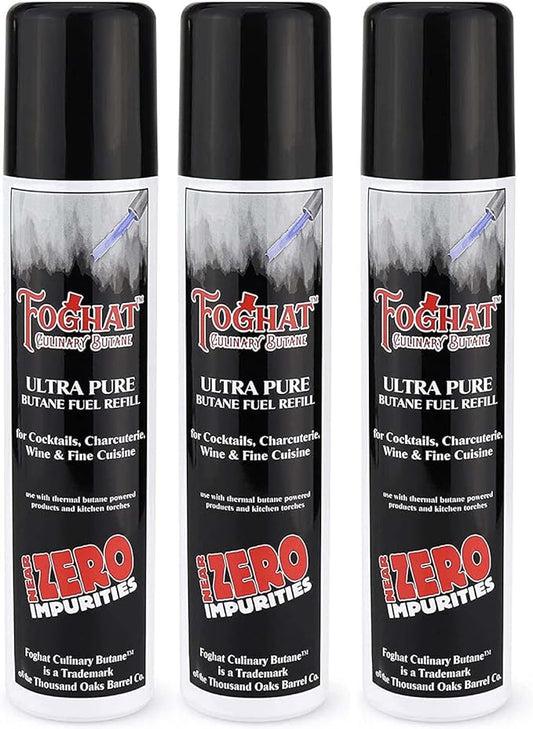 Foghat Culinary Butane Fuel Refill (3 x 60ml) - Torch Lighter Butane Refill Canister, Fits All Kitchen Smoking Torches - Food Grade Ultra Refined For Cocktail Smoker Kit, Creme Brulee Torch