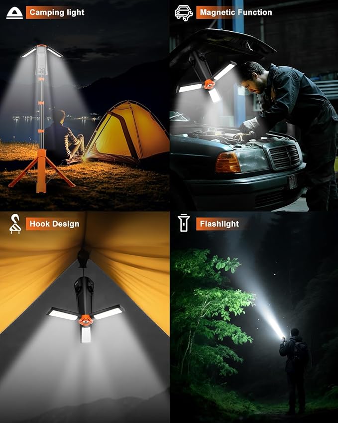 Camping Light with Stand 85.9" Rechargeable Cordless 5500 High Lumens LED Work Light, 10000mAh Solar Magnetic Waterproof Emergency, Dimmable Camping Essentials Gear with Detachable Tripod