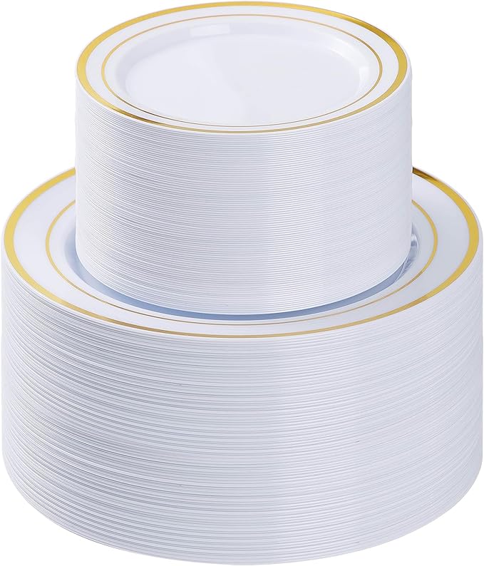 200PCS Gold Plastic Plate, Disposable Party Plates with 100 Dinner Plates and 100 Dessert Plates, Plastic Plates for Party, Wedding and Birthday
