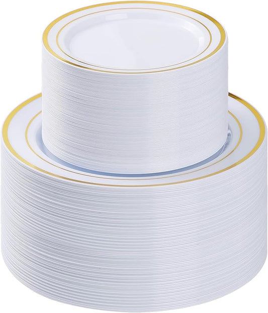 200PCS Gold Plastic Plate, Disposable Party Plates with 100 Dinner Plates and 100 Dessert Plates, Plastic Plates for Party, Wedding and Birthday