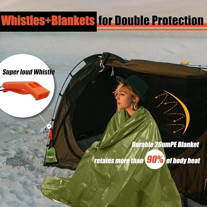 Frelaxy Emergency Blanket 2-Pack/4-Pack, Extra-Thick Extra-Large Space Blankets with Whistles, Storage Pouchs, and EVA case