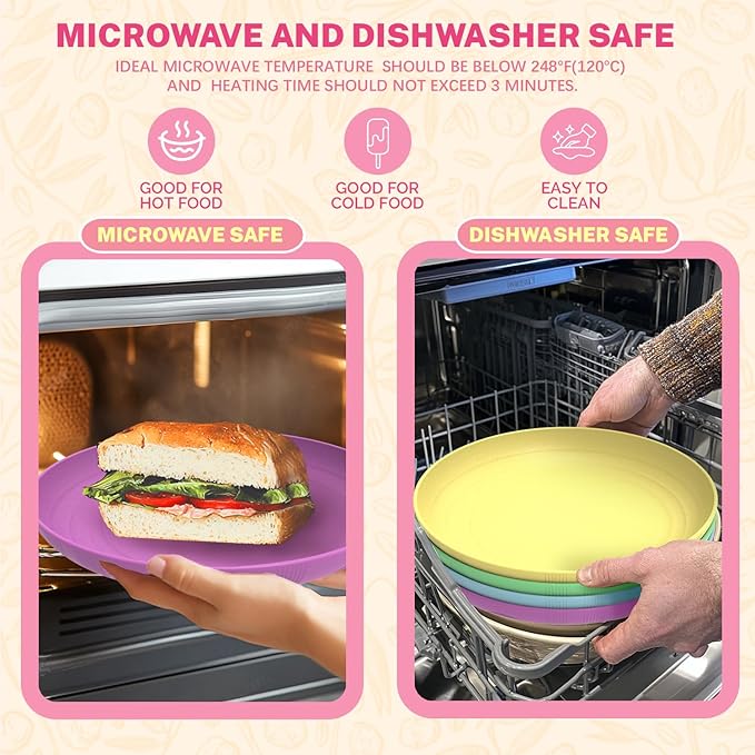 Homienly Wheat Straw Dinner Plates Set of 4 Unbreakable Plate Set with Textured Pattern - Microwave and Dishwasher Safe Plates Kitchen Plate for Salad, Dessert, Dinner, Fruit - Memphis Color