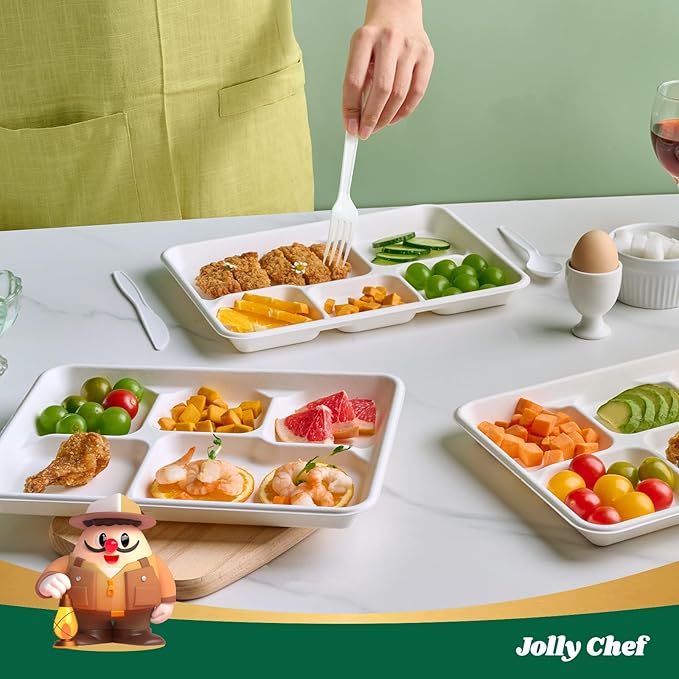 JOLLY CHEF Compostable 𝟱 Compartment Paper Plates 𝟭𝟭 * 𝟴 𝗶𝗻𝗰𝗵 [𝟱𝟬𝟬 𝗣𝗮𝗰𝗸] Heavy Duty White Divided Disposable Plate Eco-Friendly Biodegradable Container Food Trays for Party Lunch Buffet
