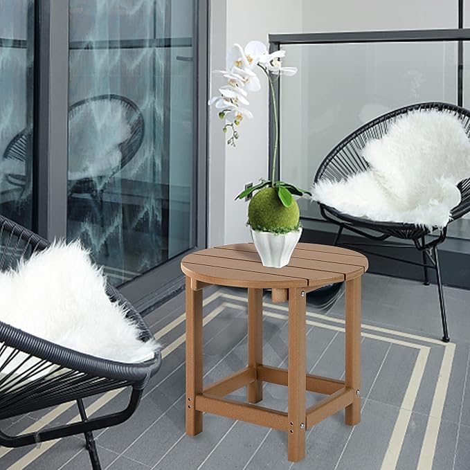 LZRS Round Adirondack Patio Side Table End Table, Outdoor Side Tables for Patio, Backyard,Pool, Indoor Companion, Easy Maintenance & Weather Resistant(Teak)