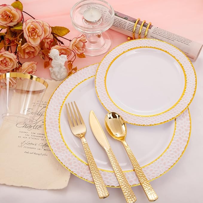 Ciaell 150PCS Pink Plastic Plates – Disposable Pink and Gold Plates Set include 50Plates, 25Forks, 25Knives, 25Spoons, 25Cups for Wedding & Party
