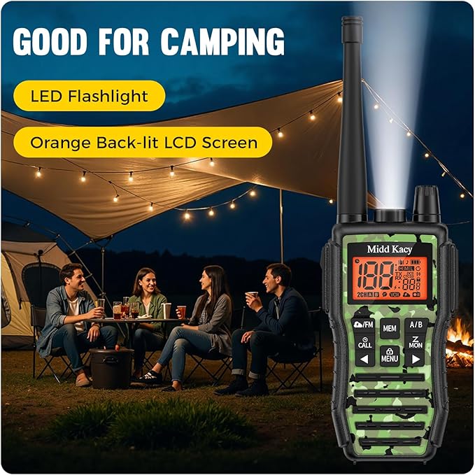 Midd Kacy MK208 Camo Walkie Talkie - Long Range walkie talkies - 61 Channels Gmrs Handheld Radio -121 Privacy Codes,New Flashlight,SOS Siren,NOAA Weather Alerts & Scan - Camouflage,2 Pack