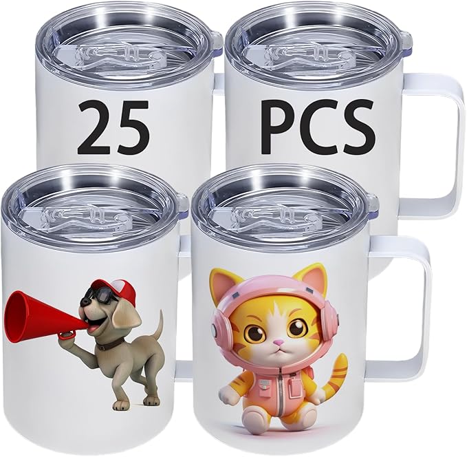 12OZ Sublimation Insulated Stainless Steel Coffee Mug with Lid Bulk 25 Pack,Double Wall Vacuum Travel Coffe Cup with Handle,Reusable Metal Thermos Tumbler,Camping Mugs Keep Hot