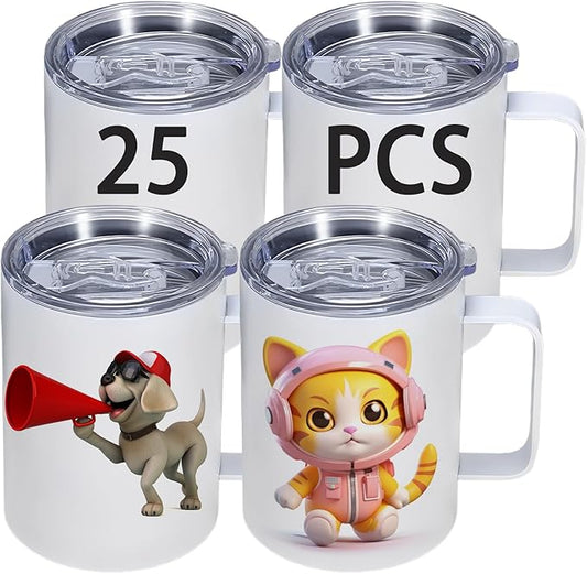 12OZ Sublimation Insulated Stainless Steel Coffee Mug with Lid Bulk 25 Pack,Double Wall Vacuum Travel Coffe Cup with Handle,Reusable Metal Thermos Tumbler,Camping Mugs Keep Hot