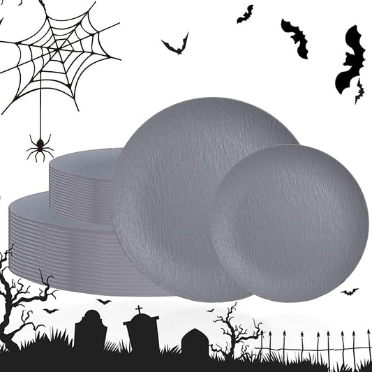 WONDERFUL 32pcs Dark Grey Plastic Plates Reusable Plates Halloween Plates Unbreakable and Dishwasher safe Dishes Set Outdoor Plate Includes:16 Dinner 10" & 16 Dessert Plate 7.3" Suitable for Camping