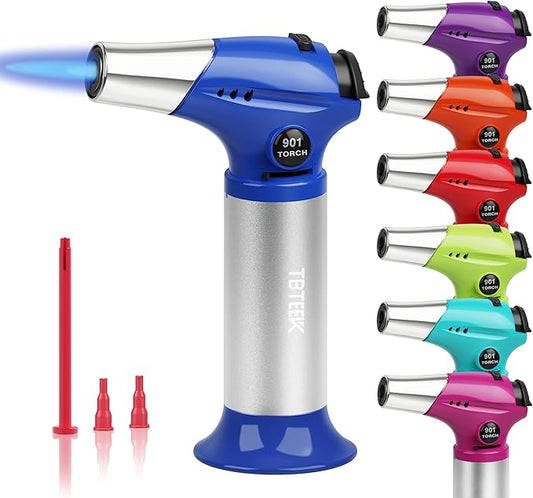 TBTEEK Butane Torch T901, Kitchen Torch Cooking Torch with Safety Lock & Adjustable Flame for Cooking, BBQ, Baking, Brulee, Creme, DIY Soldering(Butane Not Included), Blue