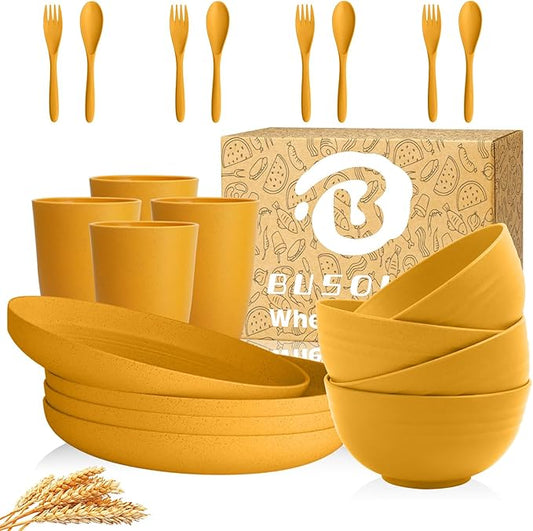 Wheat Straw Plates and Bowls Sets 20 Piece, Unbreakable Kids Dinnerware Sets for 4, Microwavable Plates, Bowls, Cups Set, Reusable Plastic Dishes Set for Camping, Kitchen, College (Yellow)