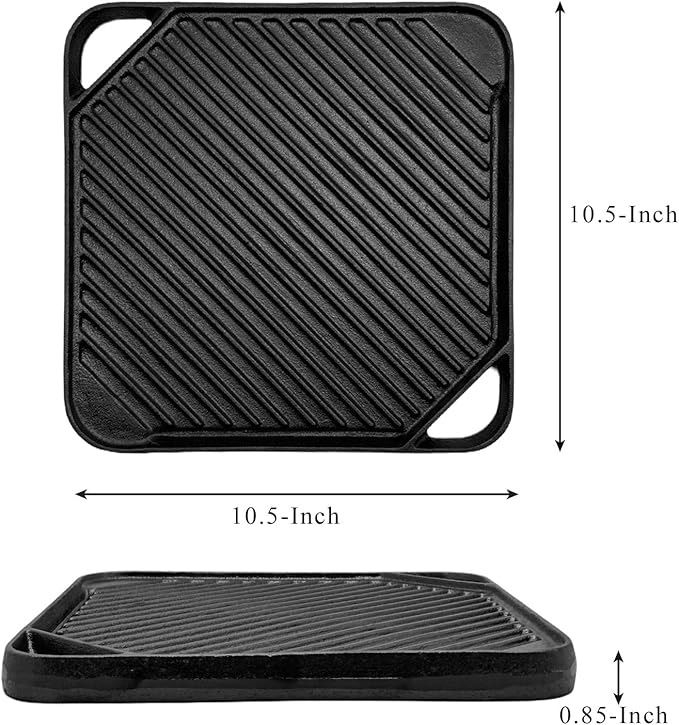 Cast Iron Reversible Grill/Griddle, 10.5-Inch Double Handled Cast Iron Stovetop Grill/Griddle