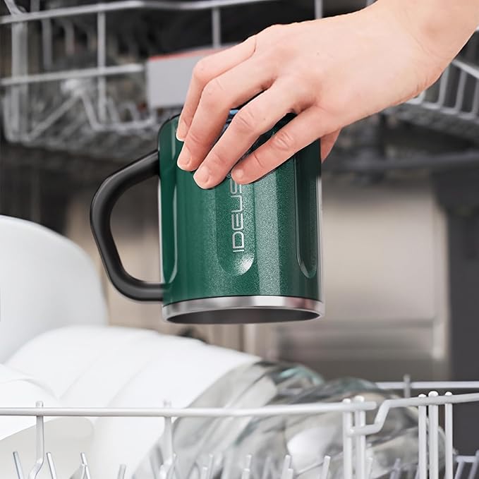 Ideus 16 oz Coffee Cup, Stainless Steel Coffee Travel Mug, Spill Proof Tea Mug with Handle and Lid, Lightweight and Durable, Great for Office Home and Outdoor Use, Deep Green