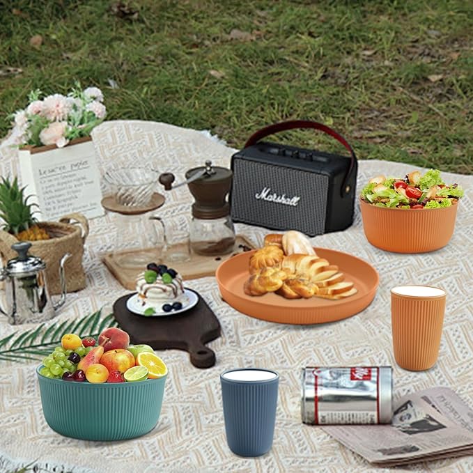 16PCS Wheat Straw Dinnerware Sets Reusable Unbreakable Dinner Plates Set for 4 Serving Bowls and Cups Microwave Dishwasher Safe Dinnerware for Kitchen Camping