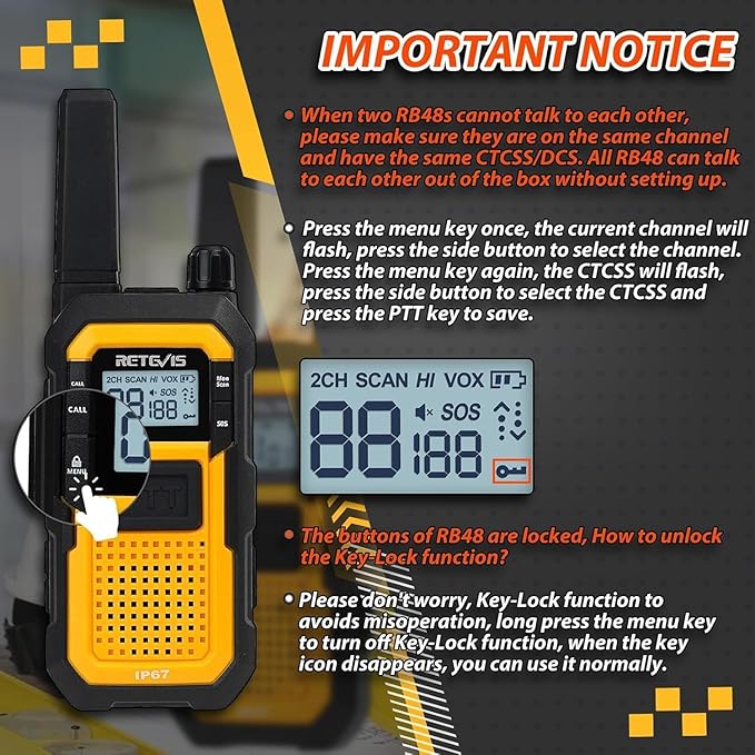 Retevis RB48 Walkie Talkies with Earpiece, Waterproof Heavy Duty Two Way Radios, Vibration Call, 2000mAh, NOAA, 2 Way Radio Long Range(2 Pack)