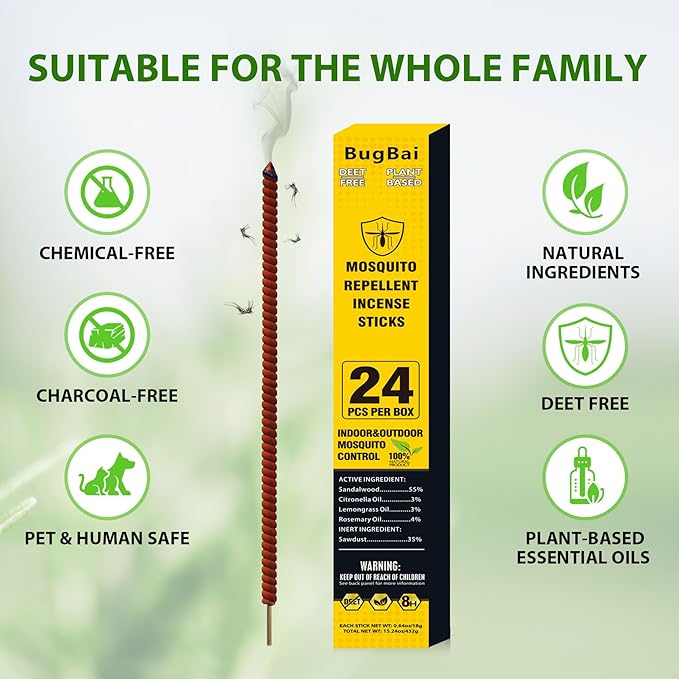 BugBai® Mosquito Repellent Outdoor Patio 24PCS, Extra Large Natural Citronella Incense Sticks for 8-Hour Protection, DEET-Free Mosquito Barrier Control for Indoor Backyard Travel Camping Fishing