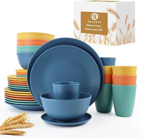 40 Pieces Plates and Bowls Sets, Wheat Straw Dinnerware Sets for 8, Dinner Plates, Cereal Bowls and Drinking Cups, Unbreakable and Reusable Plastic Dinnerware Sets (Multicolor)