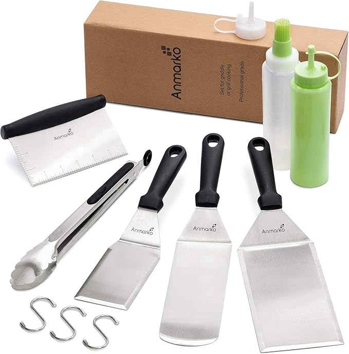 Metal Spatula and Scraper Set - Griddle Accessories kit - Grill Tongs Flat Spatula Pancake Flipper Hamburger Turner Squeeze Bottles Set - Metal Utensil Great for BBQ Grill Flat Top Cast Iron