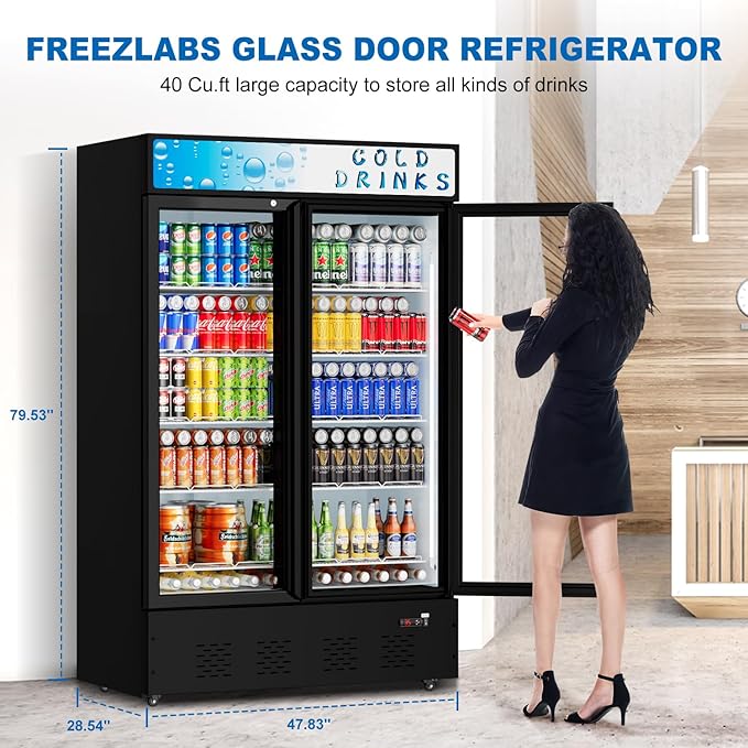 Commercial Glass Door Display Refrigerator 40 Cu.ft Cooler Commercial Display Beverage Refrigerators with LED Light and 10 Shelves for Cafe Restaurant Store Bar