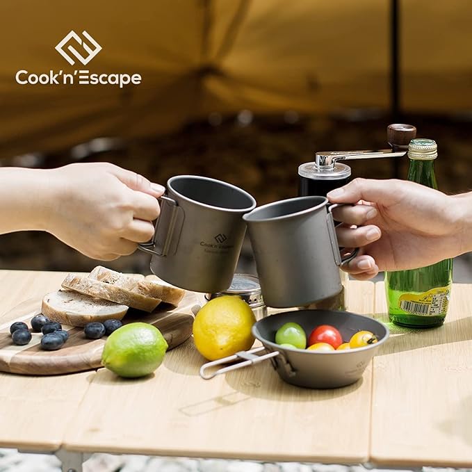 COOK'N'ESCAPE 375ml Camping Mug, Small Titanium Cup with Lightweight Backpacking Coffee Mug Foldable Handle for Outdoor Hiking Picnic Open Fire Cooking