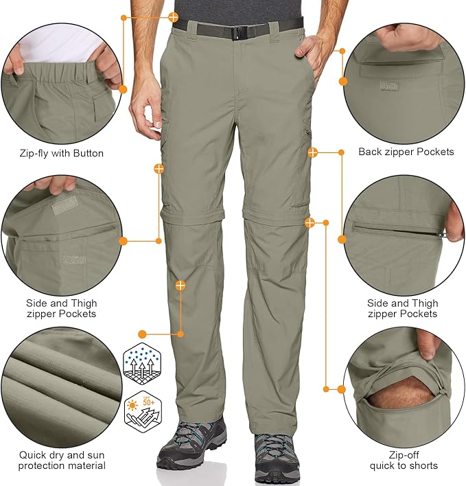 Mens Hiking Pants Convertible Lightweight Quick Dry Zip Off Fishing Safari Camping Travel boy Scout Pants