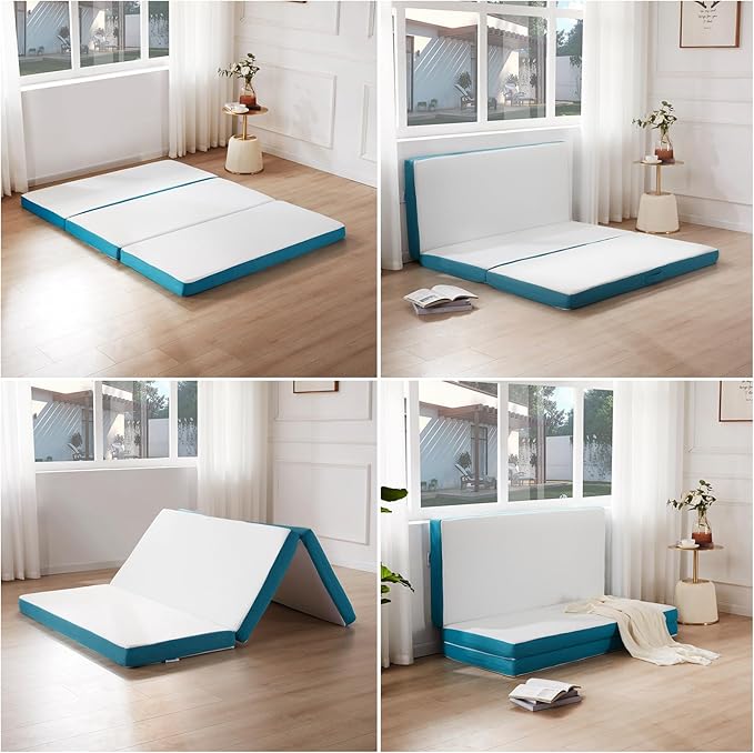 SINWEEK Memory Foam Folding Mattress, 4 Inch Foldable Trifold Mattress Topper, CertiPUR-US Certified Guest Bed with Cooling Cover & Waterproof Lining