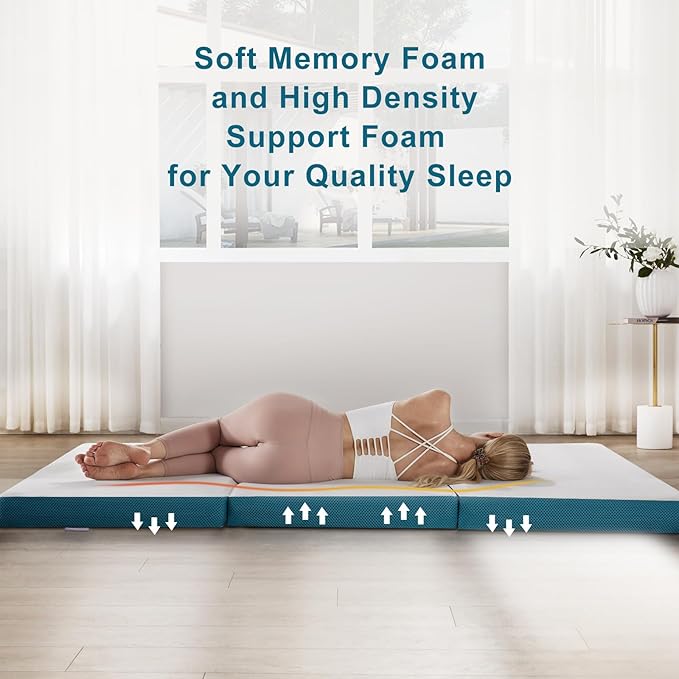SINWEEK Memory Foam Folding Mattress, 4 Inch Foldable Trifold Mattress Topper, CertiPUR-US Certified Guest Bed with Cooling Cover & Waterproof Lining