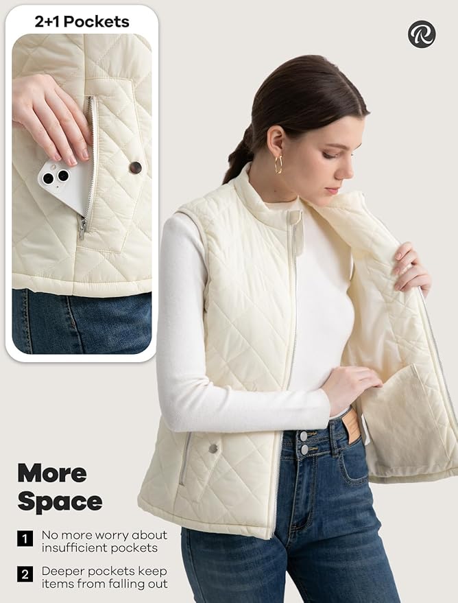 Women's Vest, Quilted Puffer Water-Resistant Zip With Pockets